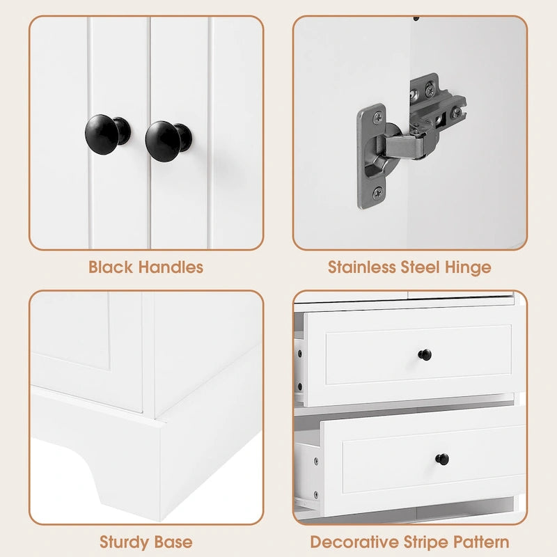 Meuble de salle de bain blanc autoportant avec 4 tiroirs et 2 portes, étagère réglable, unité de rangement en MDF étanche