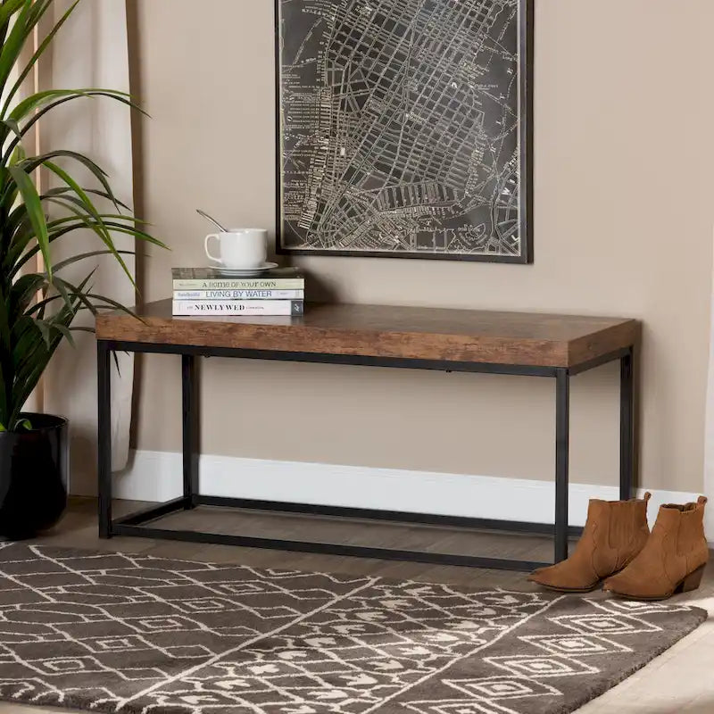 Banc d'appoint moderne en bois et métal style industriel - Noyer brun