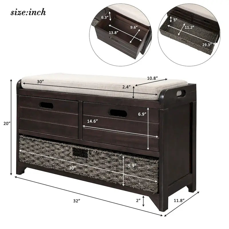 Banc de rangement avec coussin pour entrée ou couloir