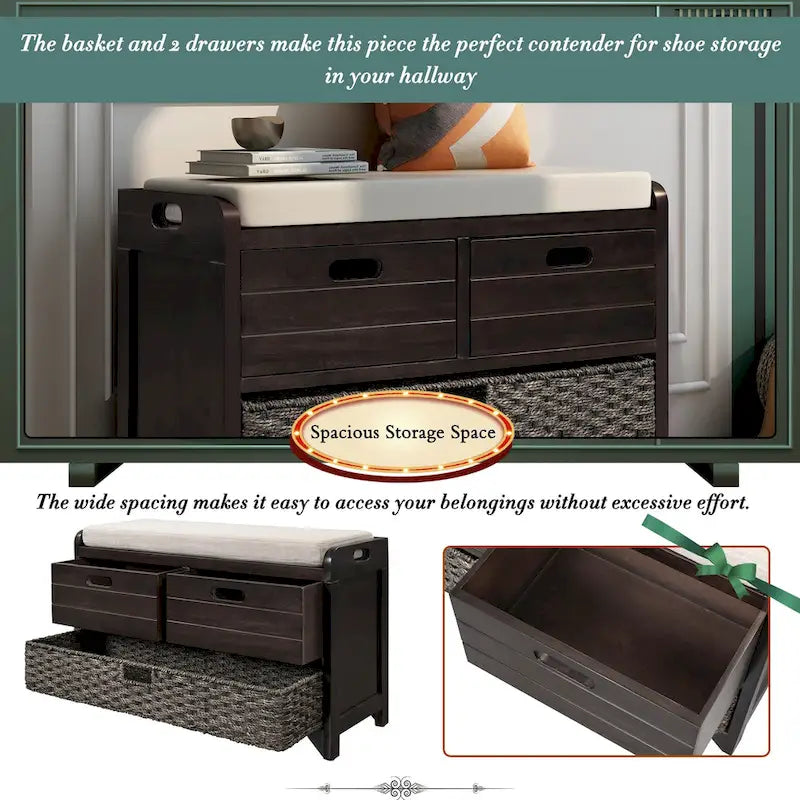 Banc de rangement avec coussin pour entrée ou couloir