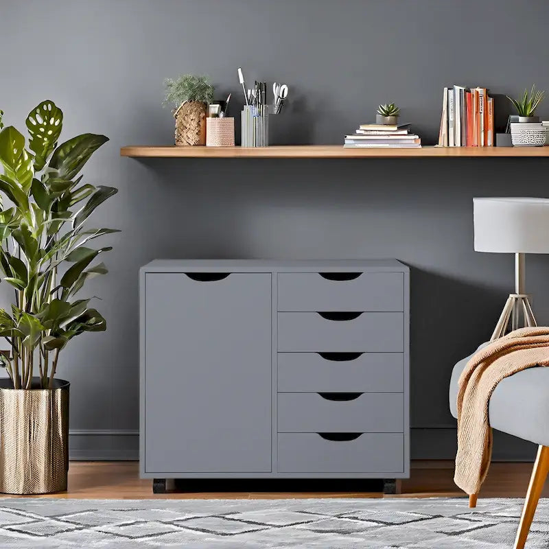 Meuble de rangement de bureau en bois à 5 tiroirs avec étagère supplémentaire et mobilité à 360° pour une organisation sans effort