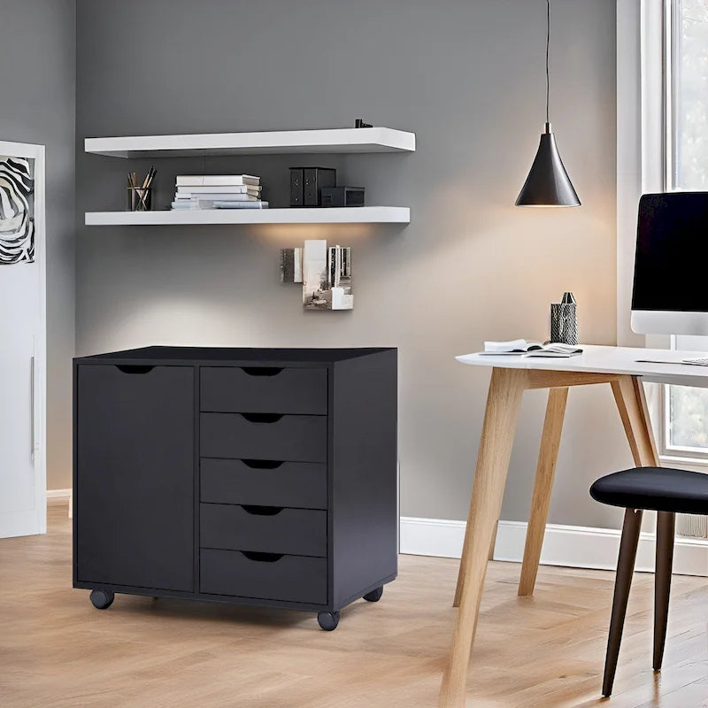 Meuble de rangement de bureau en bois à 5 tiroirs avec étagère supplémentaire et mobilité à 360° pour une organisation sans effort
