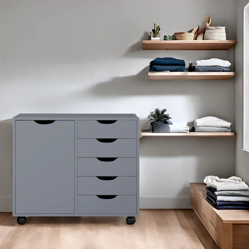 Meuble de rangement de bureau en bois à 5 tiroirs avec étagère supplémentaire et mobilité à 360° pour une organisation sans effort