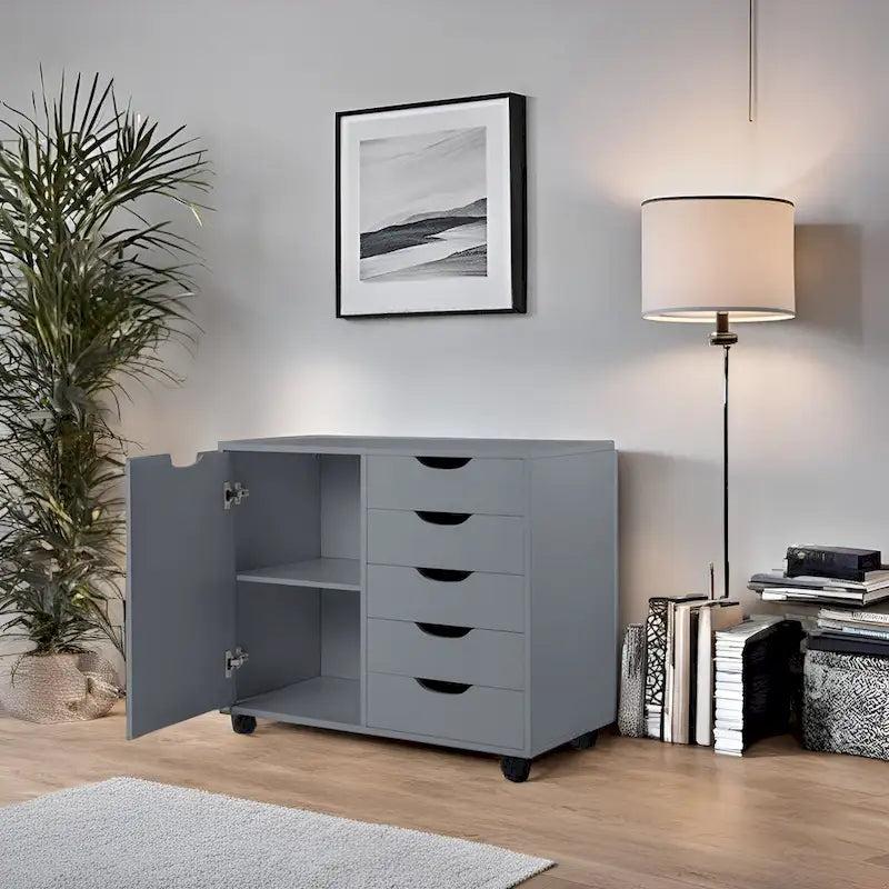 Meuble de rangement de bureau en bois à 5 tiroirs avec étagère supplémentaire et mobilité à 360° pour une organisation sans effort
