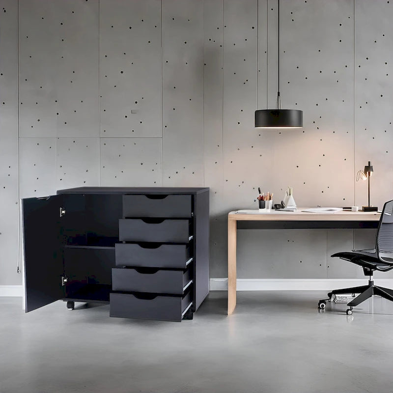 Meuble de rangement de bureau en bois à 5 tiroirs avec étagère supplémentaire et mobilité à 360° pour une organisation sans effort