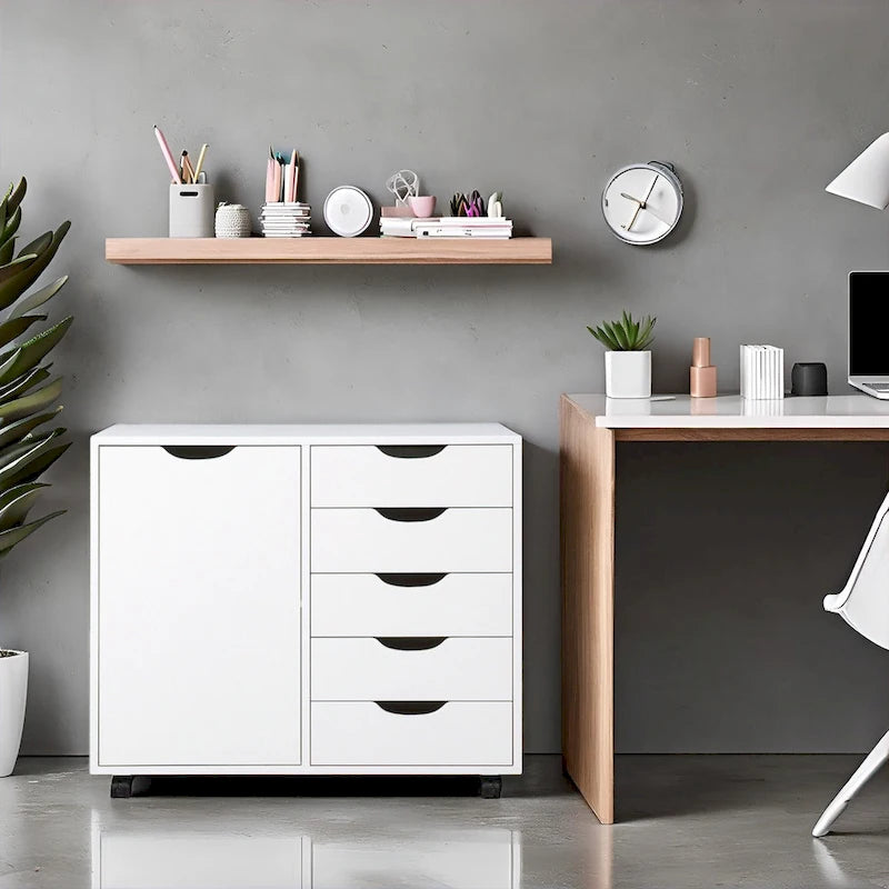 Meuble de rangement de bureau en bois à 5 tiroirs avec étagère supplémentaire et mobilité à 360° pour une organisation sans effort