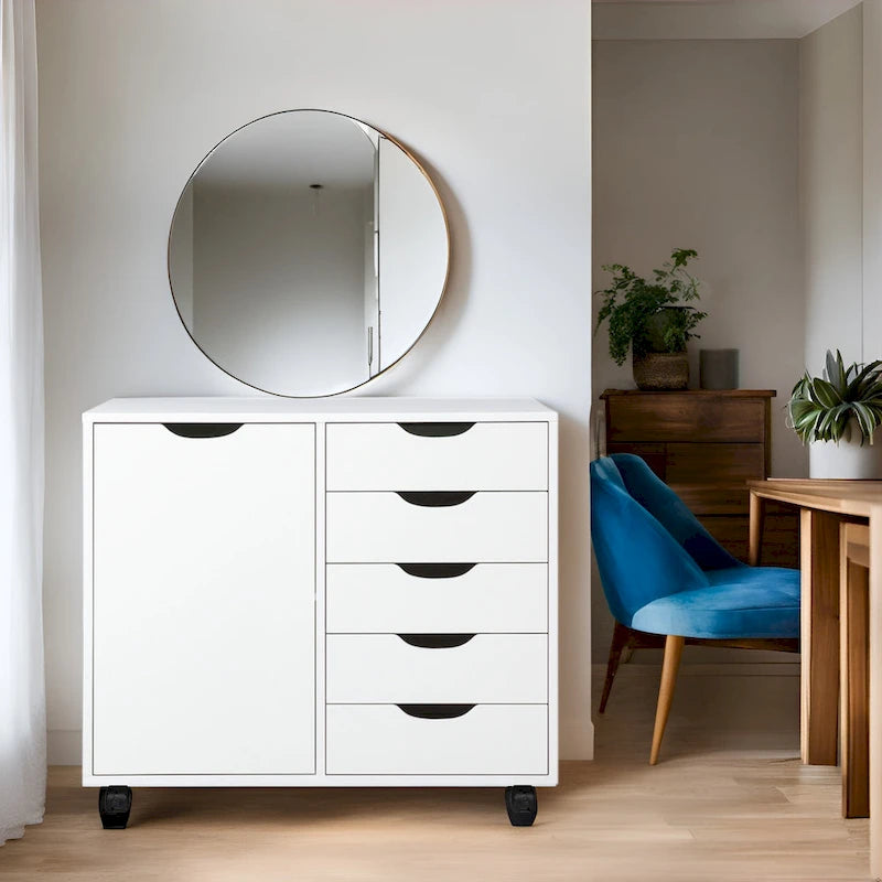 Meuble de rangement de bureau en bois à 5 tiroirs avec étagère supplémentaire et mobilité à 360° pour une organisation sans effort