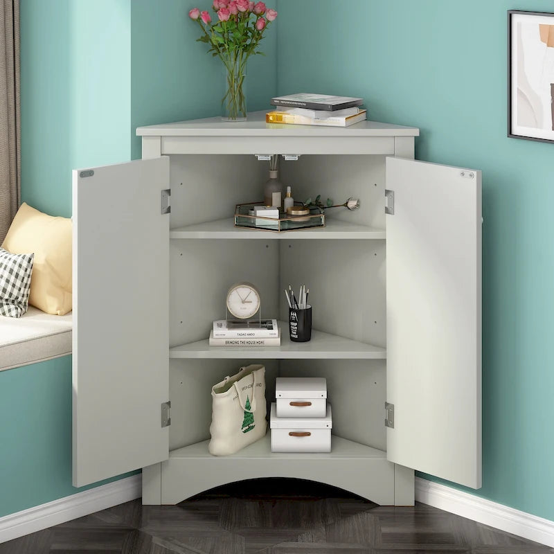 Meuble de rangement d'angle pour salle de bain avec étagères réglables