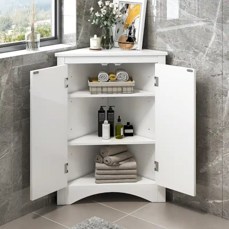 Meuble de rangement d'angle pour salle de bain avec étagères réglables