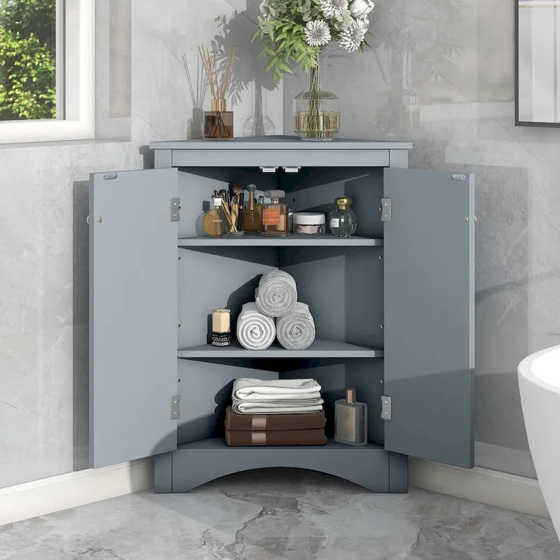 Meuble de rangement d'angle pour salle de bain avec étagères réglables