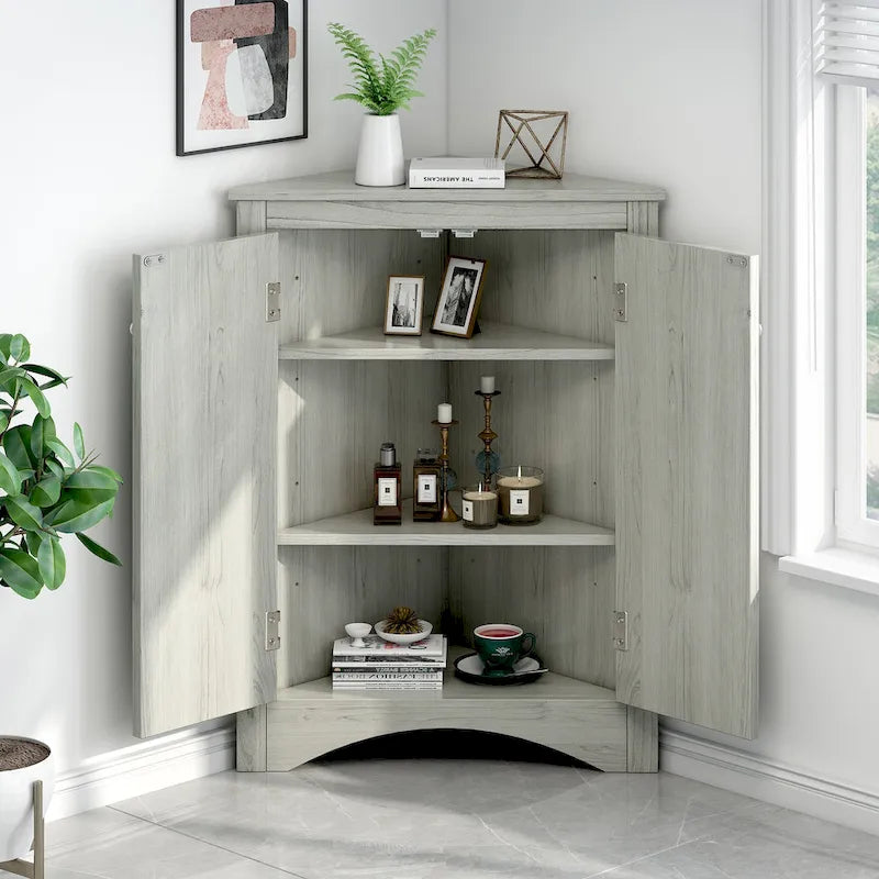 Meuble de rangement d'angle pour salle de bain avec étagères réglables