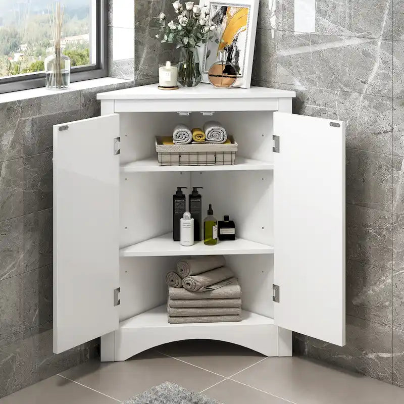 Meuble de rangement d'angle pour salle de bain avec étagères réglables