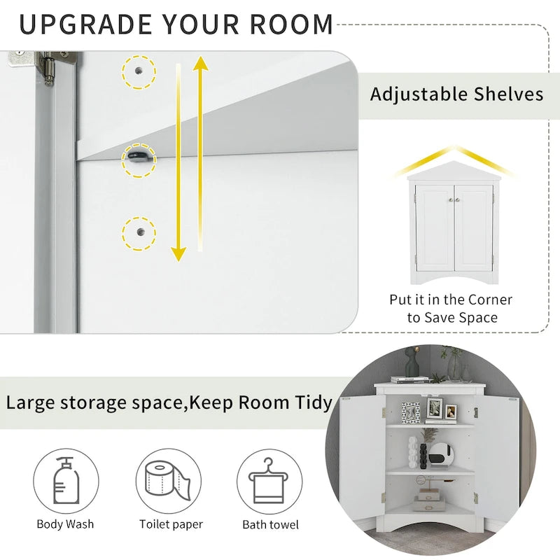 Meuble de rangement d'angle pour salle de bain avec étagères réglables