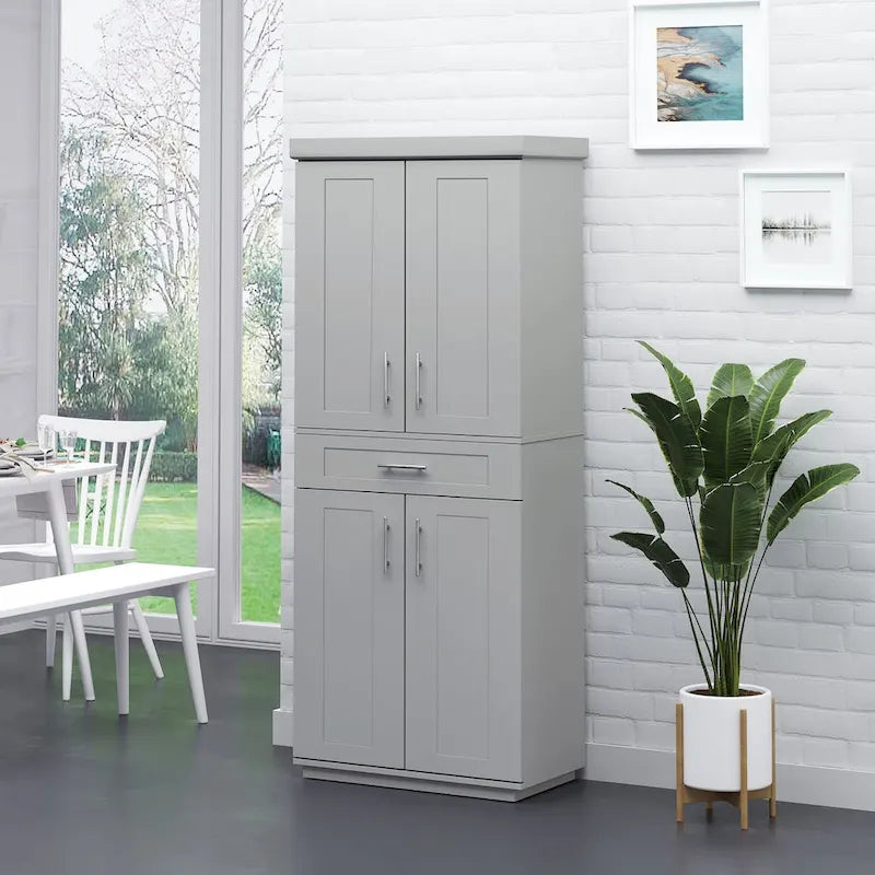 Armoire de cuisine moderne autoportante avec portes et tiroir, étagères réglables, grise