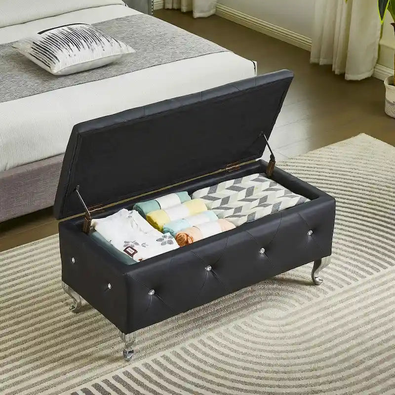 Banc de Rangement Rembourré Pour Chambre à Coucher Bout de Lit Bancs de Rangement Repose-Pieds avec Boutons en Cristal Pour Salon Entrée