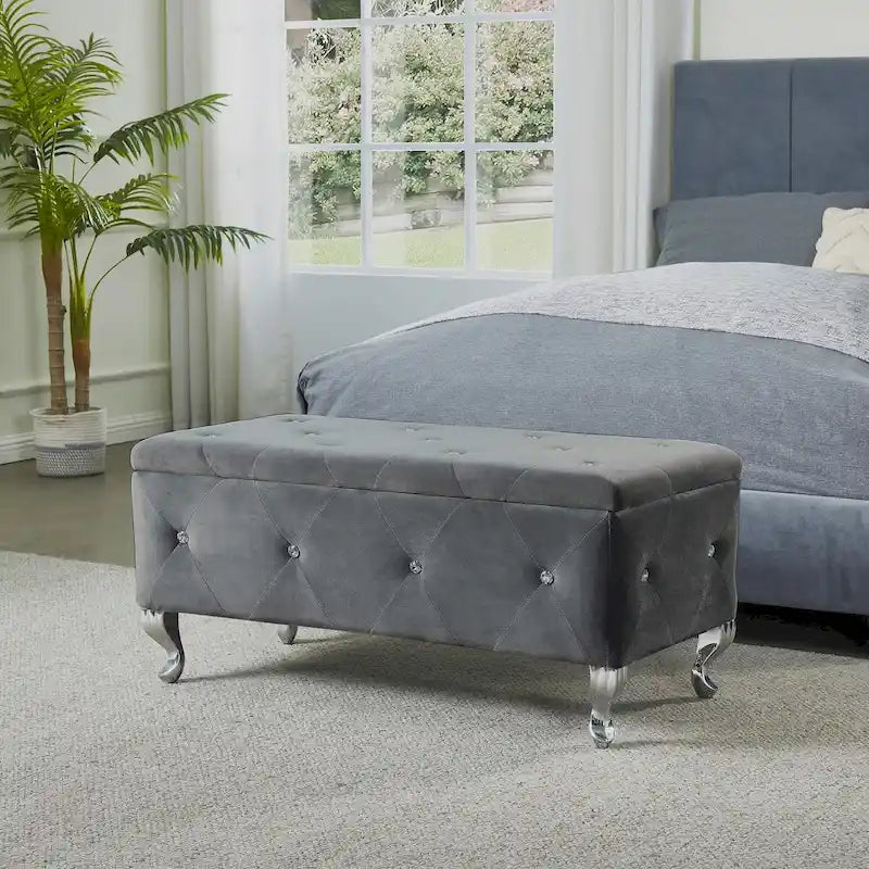 Banc de Rangement Rembourré Pour Chambre à Coucher Bout de Lit Bancs de Rangement Repose-Pieds avec Boutons en Cristal Pour Salon Entrée