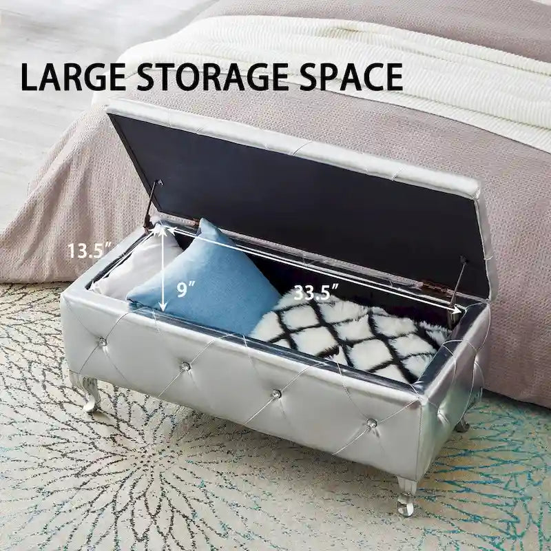Banc de Rangement Rembourré Pour Chambre à Coucher Bout de Lit Bancs de Rangement Repose-Pieds avec Boutons en Cristal Pour Salon Entrée