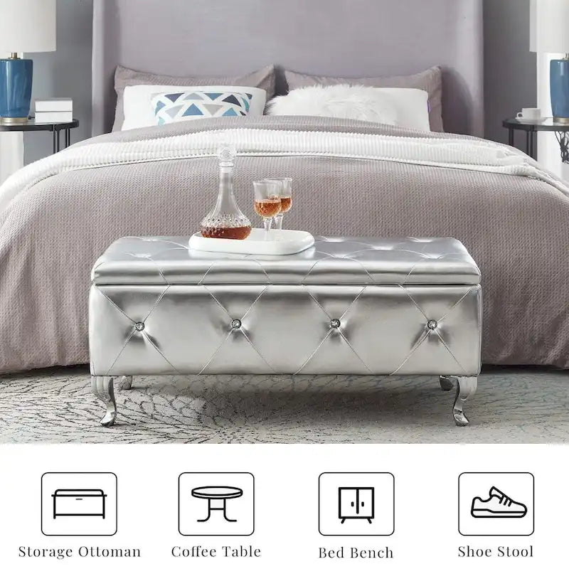 Banc de Rangement Rembourré Pour Chambre à Coucher Bout de Lit Bancs de Rangement Repose-Pieds avec Boutons en Cristal Pour Salon Entrée