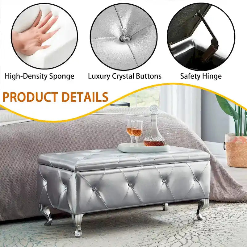Banc de Rangement Rembourré Pour Chambre à Coucher Bout de Lit Bancs de Rangement Repose-Pieds avec Boutons en Cristal Pour Salon Entrée