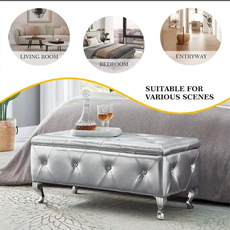 Banc de Rangement Rembourré Pour Chambre à Coucher Bout de Lit Bancs de Rangement Repose-Pieds avec Boutons en Cristal Pour Salon Entrée
