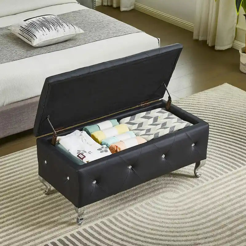 Banc de Rangement Rembourré Pour Chambre à Coucher Bout de Lit Bancs de Rangement Repose-Pieds avec Boutons en Cristal Pour Salon Entrée