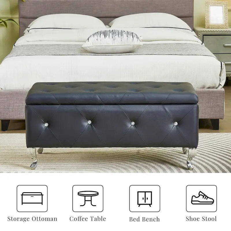 Banc de Rangement Rembourré Pour Chambre à Coucher Bout de Lit Bancs de Rangement Repose-Pieds avec Boutons en Cristal Pour Salon Entrée