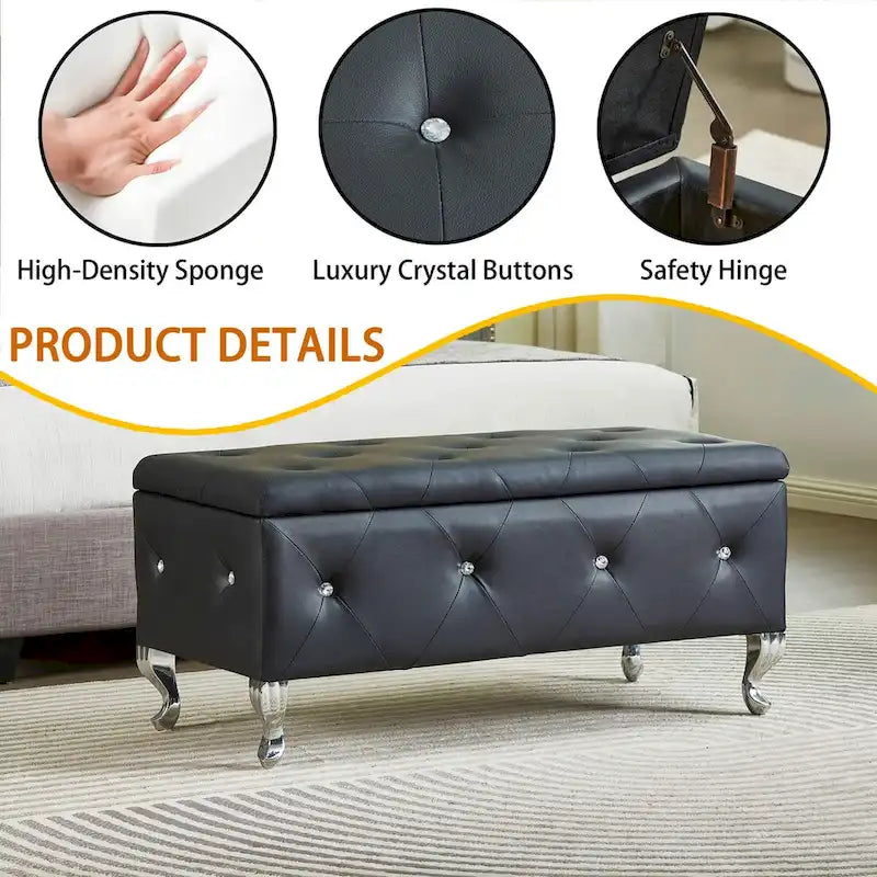 Banc de Rangement Rembourré Pour Chambre à Coucher Bout de Lit Bancs de Rangement Repose-Pieds avec Boutons en Cristal Pour Salon Entrée