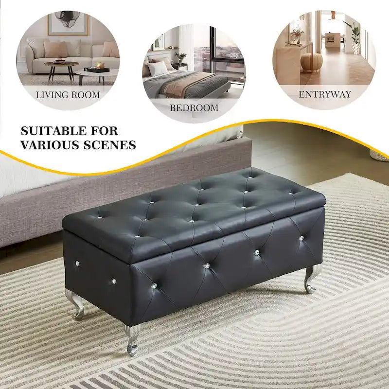 Banc de Rangement Rembourré Pour Chambre à Coucher Bout de Lit Bancs de Rangement Repose-Pieds avec Boutons en Cristal Pour Salon Entrée