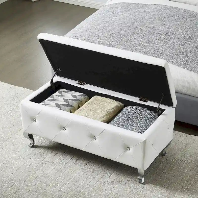 Banc de Rangement Rembourré Pour Chambre à Coucher Bout de Lit Bancs de Rangement Repose-Pieds avec Boutons en Cristal Pour Salon Entrée