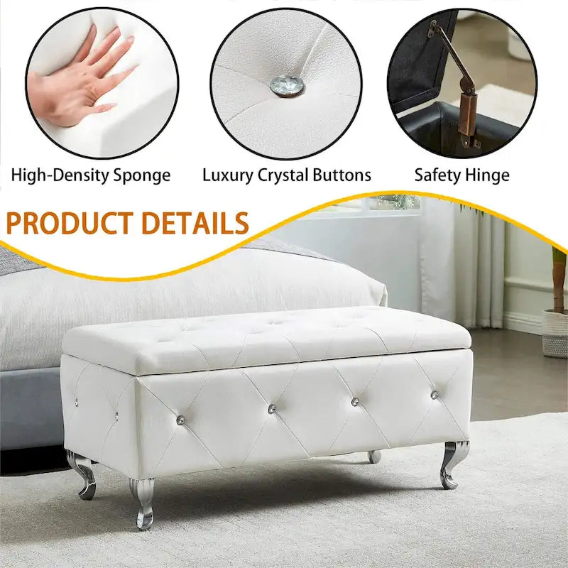 Banc de Rangement Rembourré Pour Chambre à Coucher Bout de Lit Bancs de Rangement Repose-Pieds avec Boutons en Cristal Pour Salon Entrée