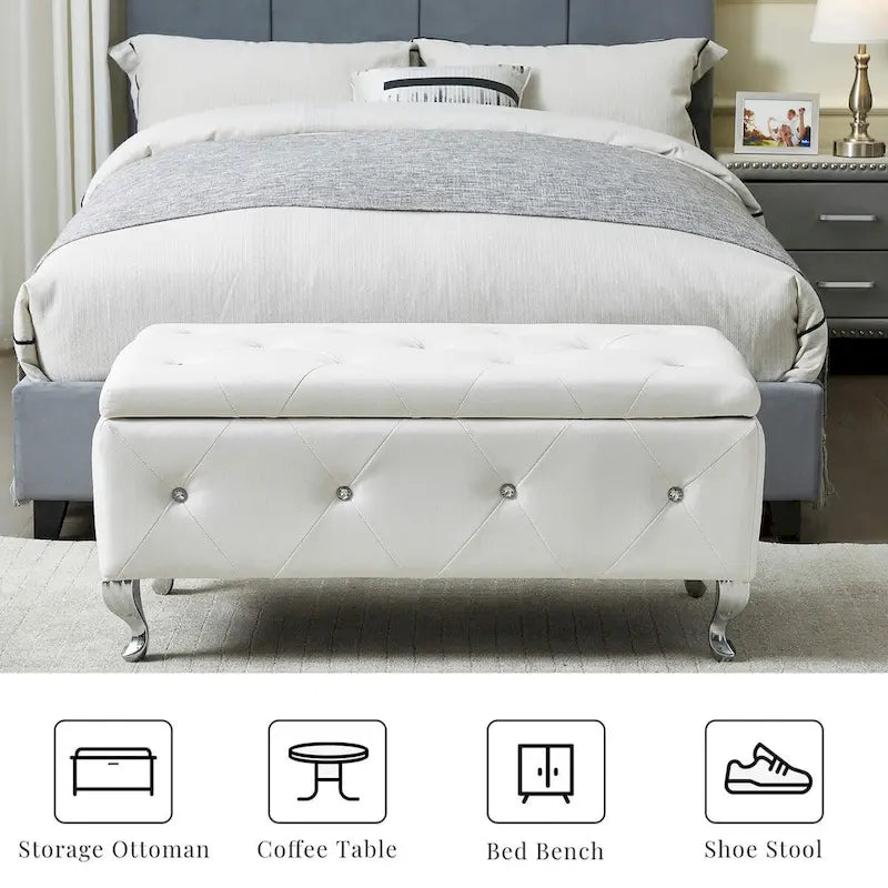 Banc de Rangement Rembourré Pour Chambre à Coucher Bout de Lit Bancs de Rangement Repose-Pieds avec Boutons en Cristal Pour Salon Entrée