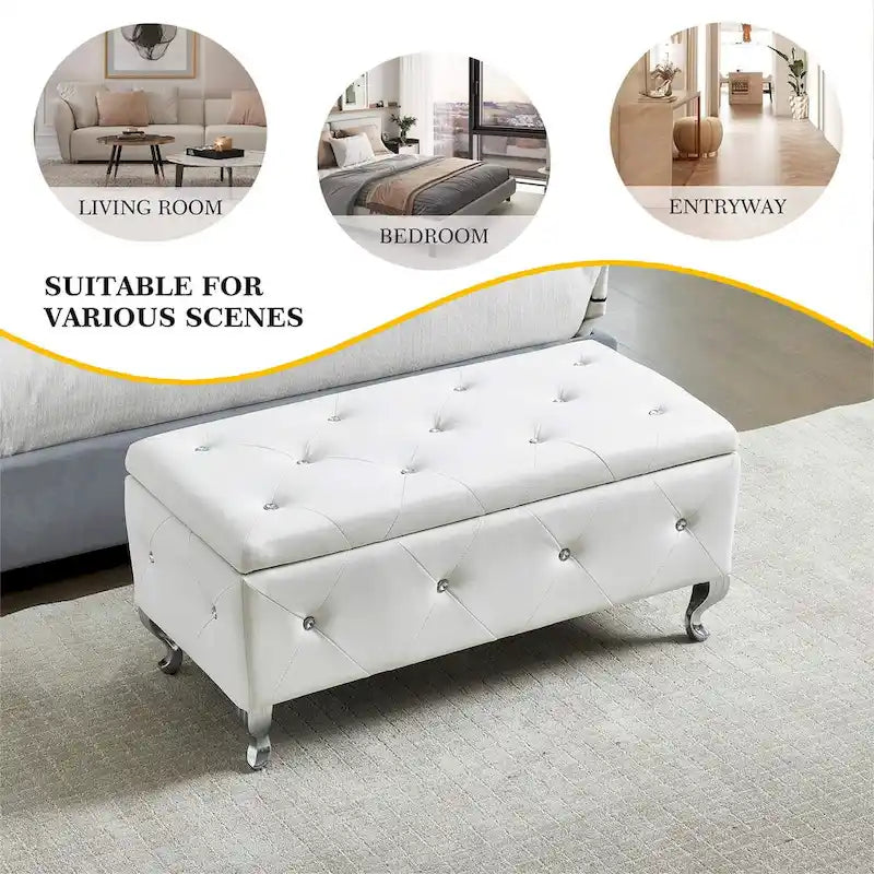 Banc de Rangement Rembourré Pour Chambre à Coucher Bout de Lit Bancs de Rangement Repose-Pieds avec Boutons en Cristal Pour Salon Entrée