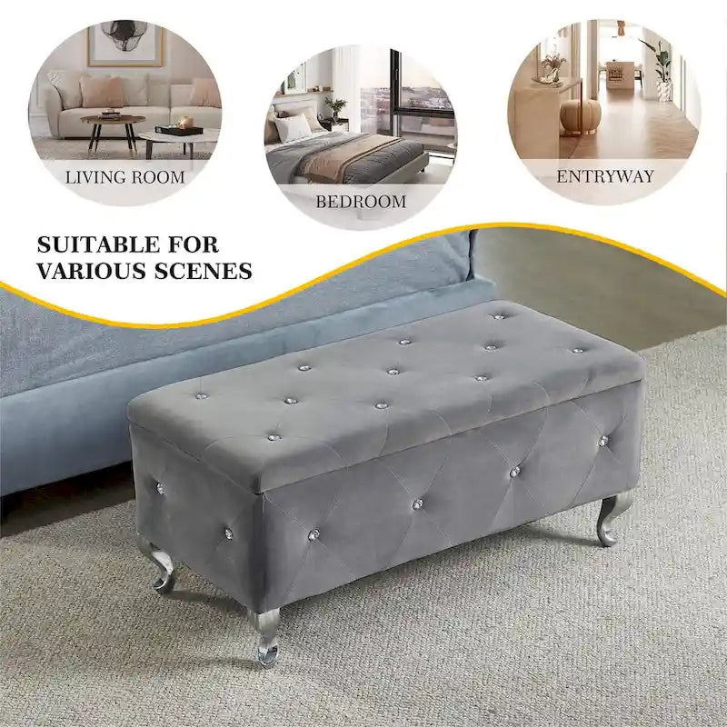 Banc de Rangement Rembourré Pour Chambre à Coucher Bout de Lit Bancs de Rangement Repose-Pieds avec Boutons en Cristal Pour Salon Entrée