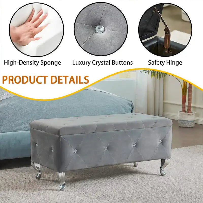 Banc de Rangement Rembourré Pour Chambre à Coucher Bout de Lit Bancs de Rangement Repose-Pieds avec Boutons en Cristal Pour Salon Entrée