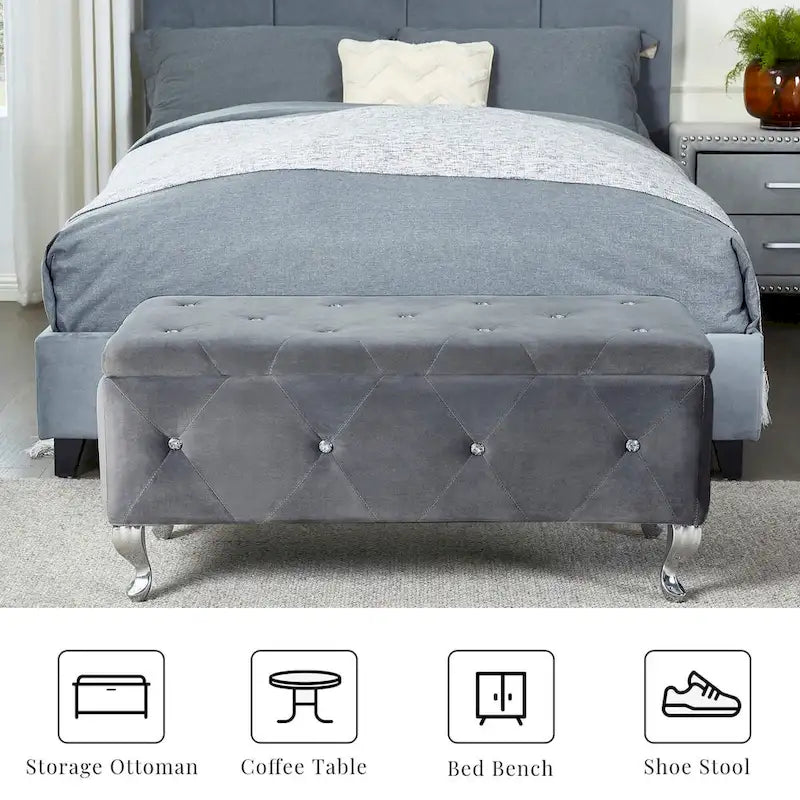 Banc de Rangement Rembourré Pour Chambre à Coucher Bout de Lit Bancs de Rangement Repose-Pieds avec Boutons en Cristal Pour Salon Entrée