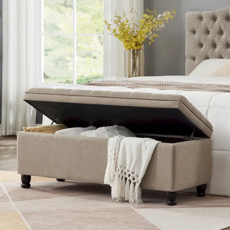 Banc de rangement capitonné avec pieds en bois tournés - 45x18x18H