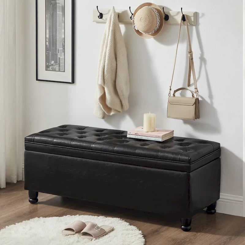 Banc de rangement capitonné avec pieds en bois tournés - 45x18x18H
