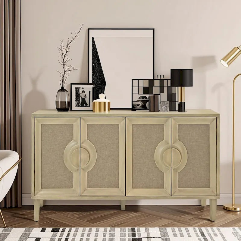 59.84Elegant Vintage 4-Door Cabinet with Linen Decorated Doors