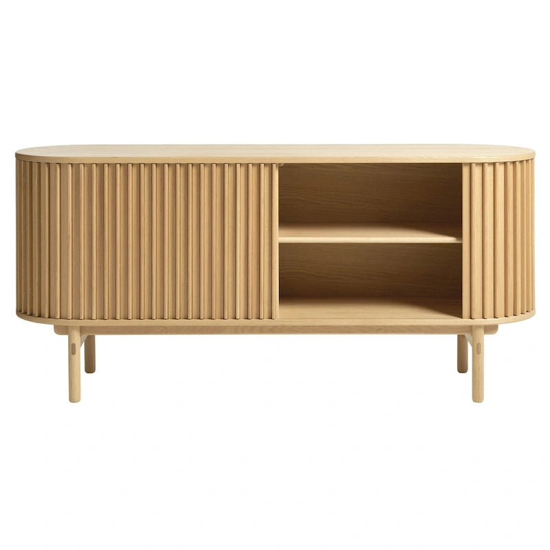 Enfilade arrondie avec portes coulissantes, style moderne du milieu du siècle, 63" de largeur, Naturel - 18"L x 63"l x 29"H