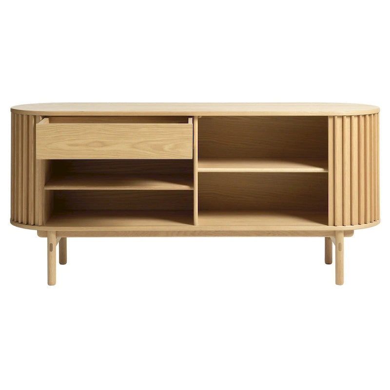 Enfilade arrondie avec portes coulissantes, style moderne du milieu du siècle, 63" de largeur, Naturel - 18"L x 63"l x 29"H