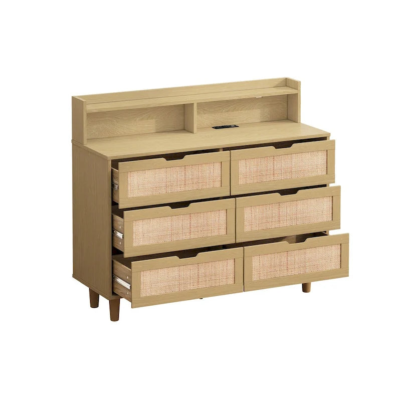 Armoire de rangement d'appoint 6 tiroirs en rotin avec lumières LED et prise de courant