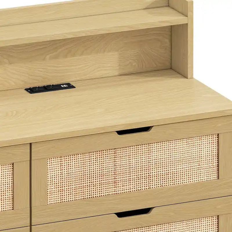 Armoire de rangement d'appoint 6 tiroirs en rotin avec lumières LED et prise de courant