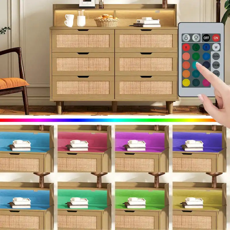 Armoire de rangement d'appoint 6 tiroirs en rotin avec lumières LED et prise de courant