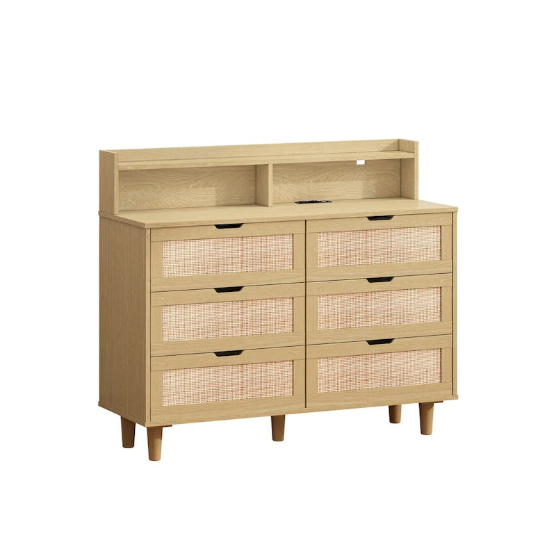 Armoire de rangement d'appoint 6 tiroirs en rotin avec lumières LED et prise de courant
