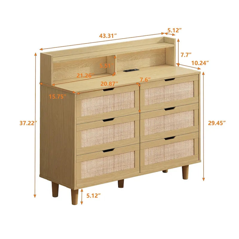 Armoire de rangement d'appoint 6 tiroirs en rotin avec lumières LED et prise de courant