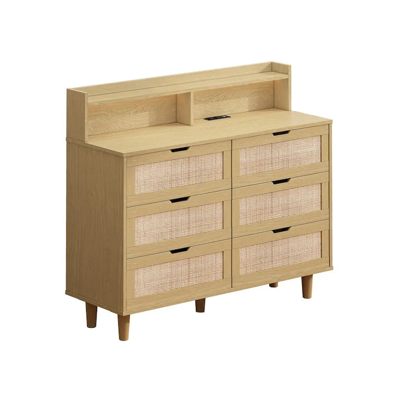 Armoire de rangement d'appoint 6 tiroirs en rotin avec lumières LED et prise de courant