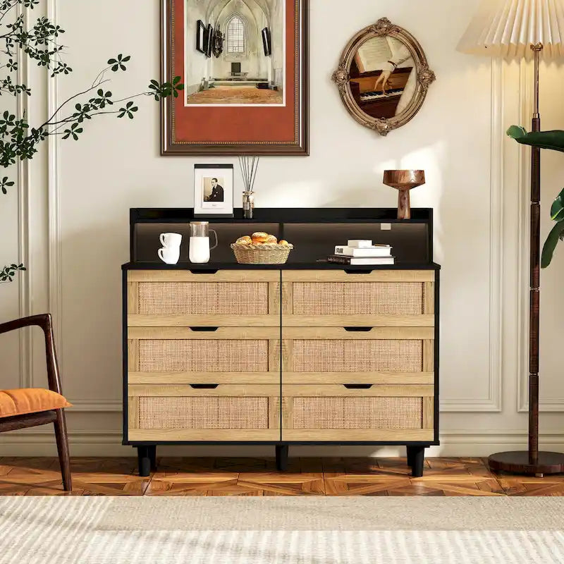 Armoire de rangement d'appoint 6 tiroirs en rotin avec lumières LED et prise de courant