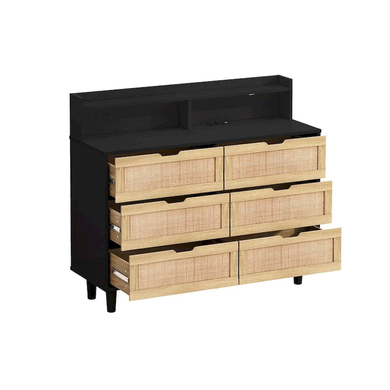Armoire de rangement d'appoint 6 tiroirs en rotin avec lumières LED et prise de courant