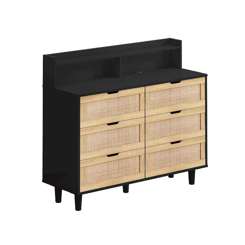 Armoire de rangement d'appoint 6 tiroirs en rotin avec lumières LED et prise de courant