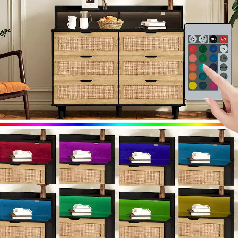 Armoire de rangement d'appoint 6 tiroirs en rotin avec lumières LED et prise de courant